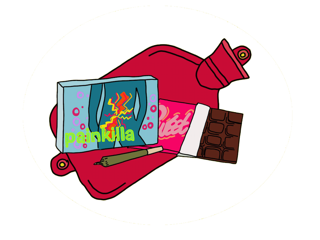 Illustration of a hot water bottle, chocolate, a blunt and painkillers